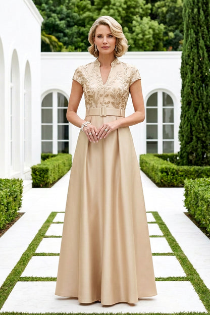 Embroidered Bodice Belted A-Line Evening Gown