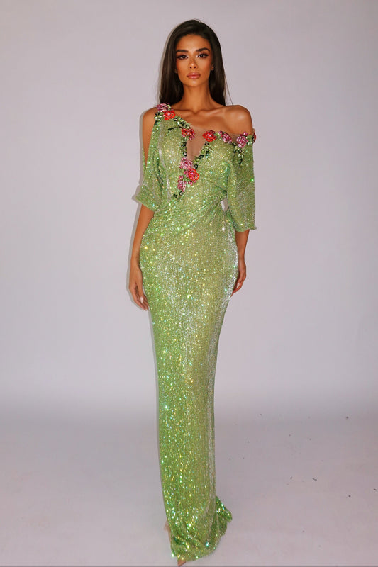 Asymmetric Glitter Column Gown with 3D Flowers