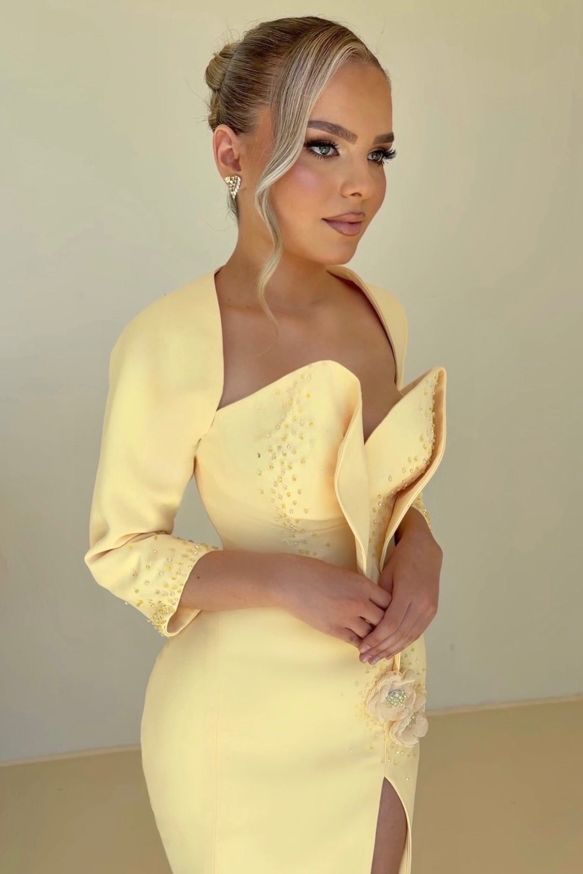 Sculptural Bodice Gown with Slit and 3/4 Sleeves