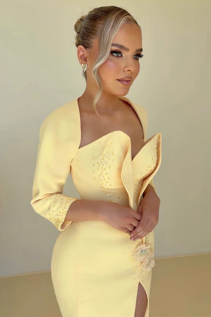 Sculptural Bodice Gown with Slit and 3/4 Sleeves