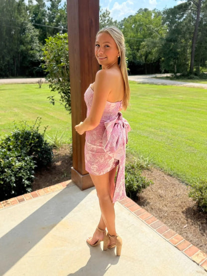 Strapless Jacquard Mini Dress with Back Bow