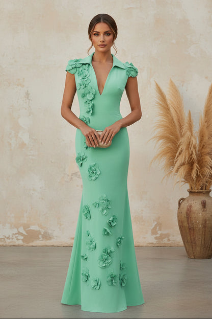 Collared V-Neck Mermaid Evening Gown with 3D Flowers