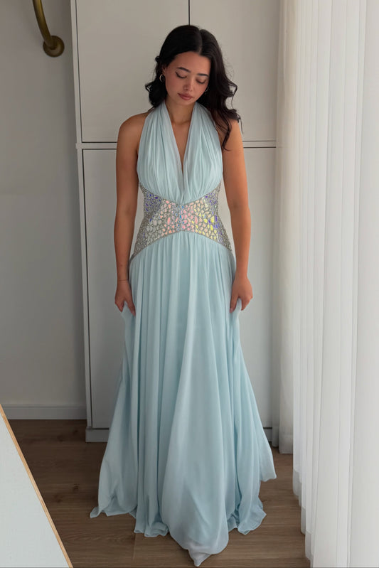 Halter Pleated Chiffon Evening Gown with Crystal Waist