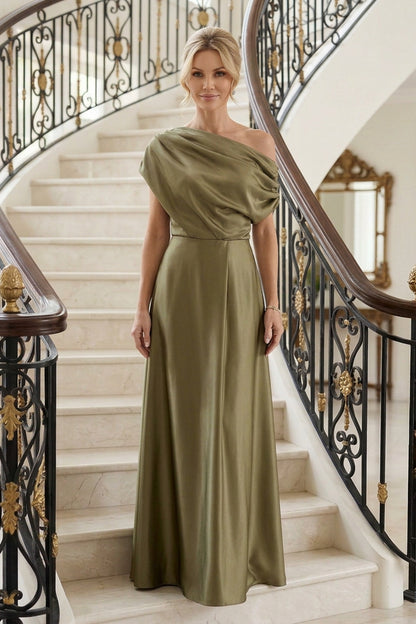 One-Shoulder Cowl Neck Satin A-Line Gown