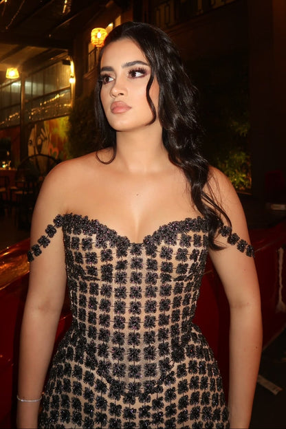Off-the-Shoulder Beaded Corset Mini Dress