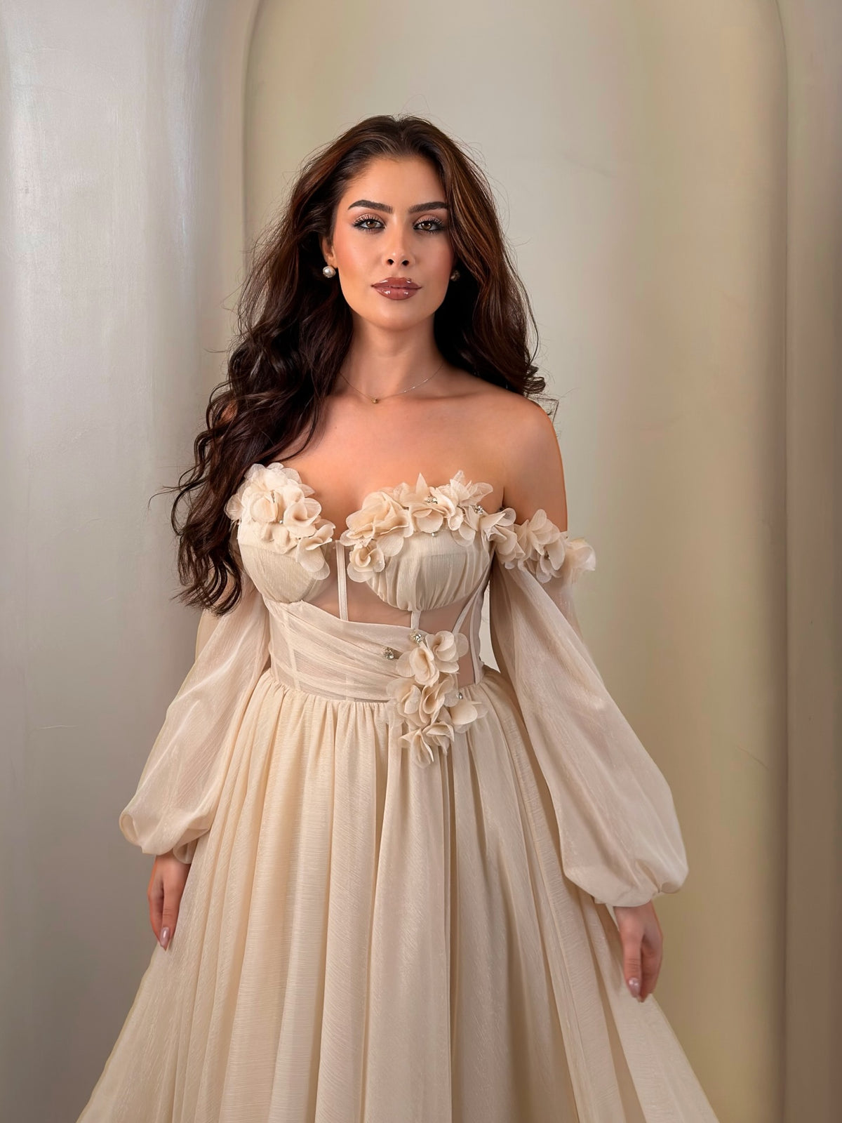 Corset Gown with Floral Appliques & Bishop Sleeves