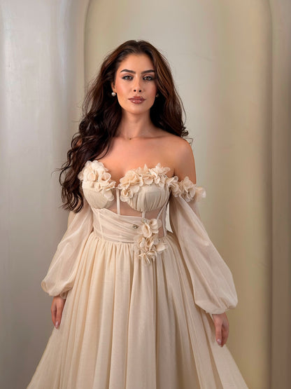 Corset Gown with Floral Appliques & Bishop Sleeves