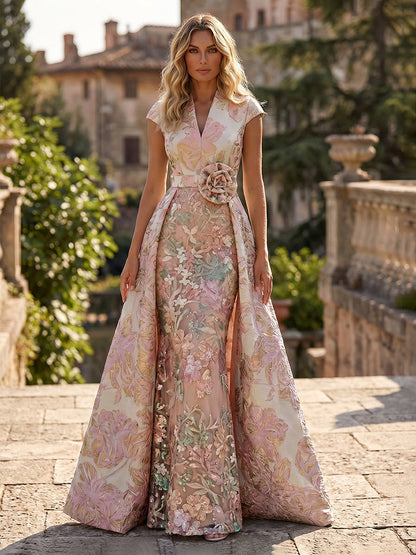 Jacquard Evening Gown with Lace Column Skirt