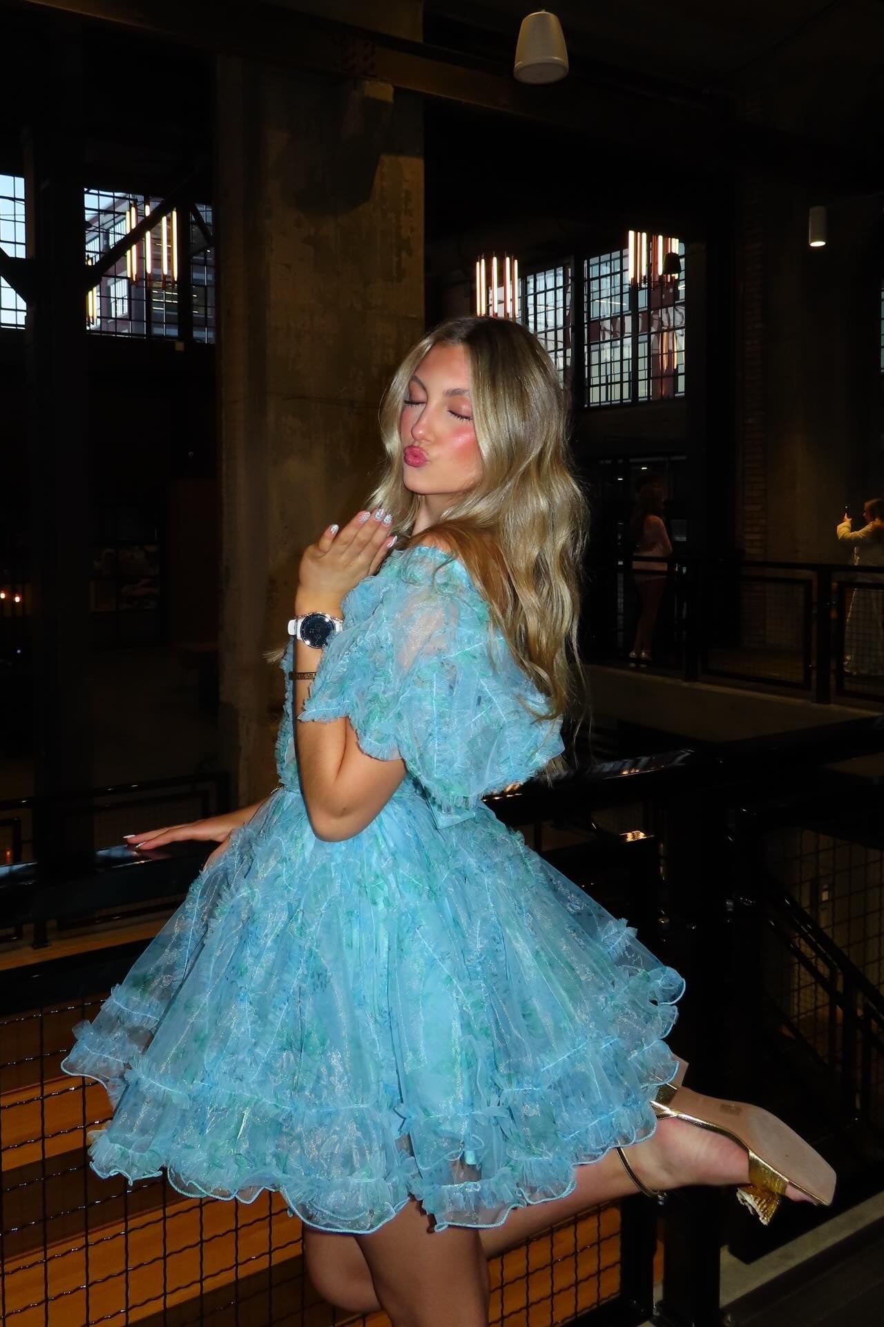 Tiered Tulle Corset Mini Dress with Puff Sleeves