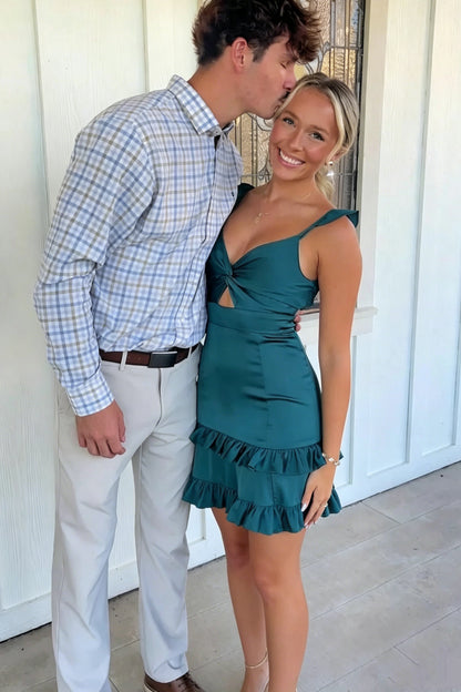 Satin Cut-Out Sweetheart Ruffled Mini Dress