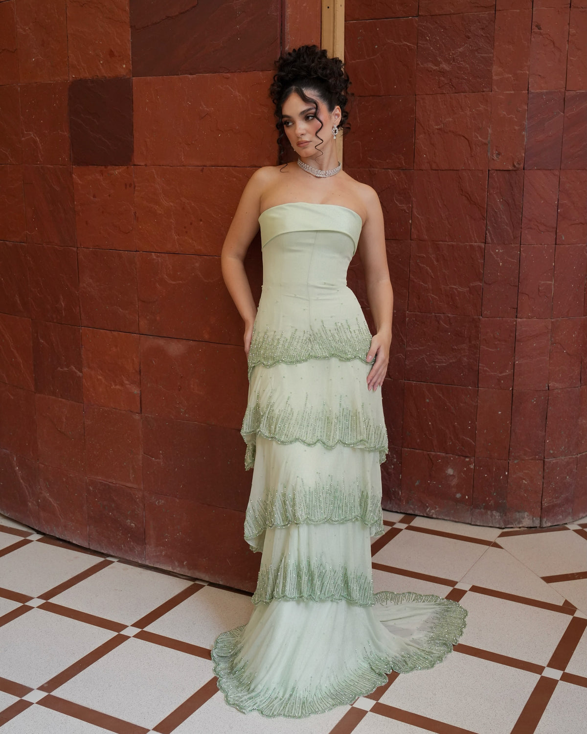 Strapless Tiered Beaded Evening Gown