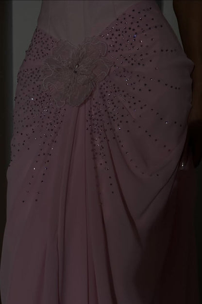 Strapless Corset Gown with Floral Rhinestone Drape