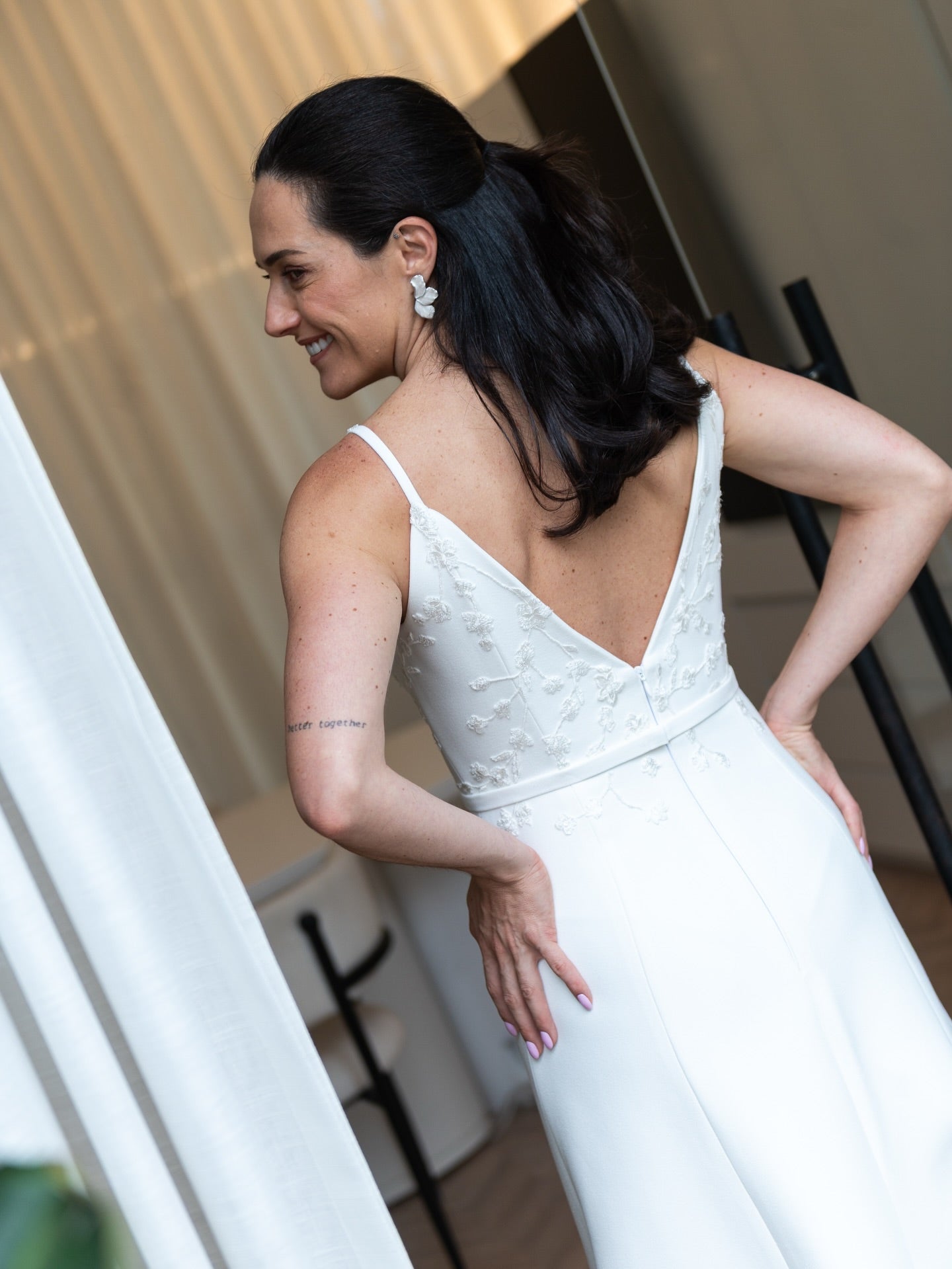 Minimalist Crepe Wedding Dress with Sheer Chiffon Cape