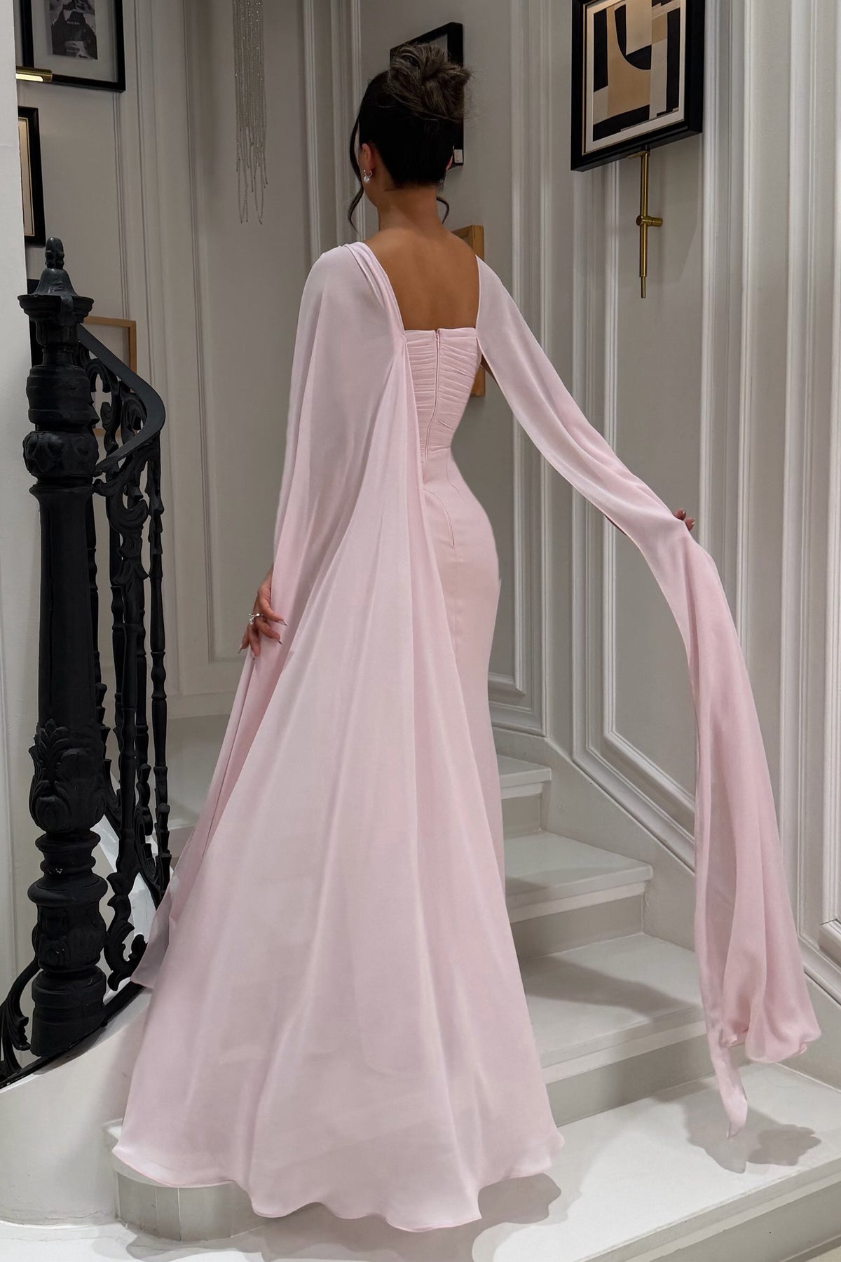 Ruched Evening Gown with Cape and Embellishments