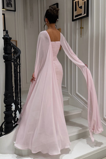 Ruched Evening Gown with Cape and Embellishments