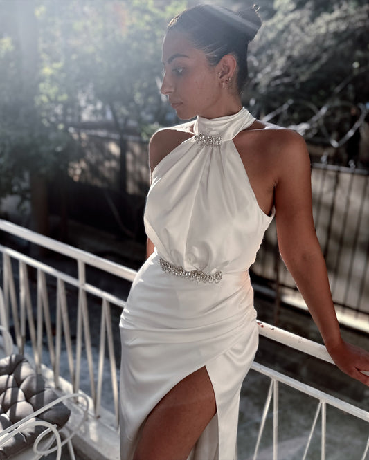 Satin Halter Gown with Crystal Embellishments