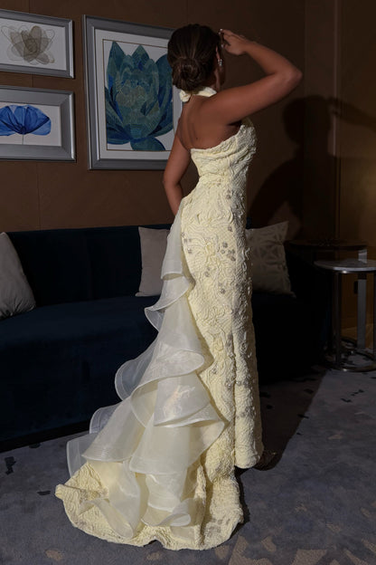 Embroidered Halter Mermaid Gown with Tiered Ruffle Train
