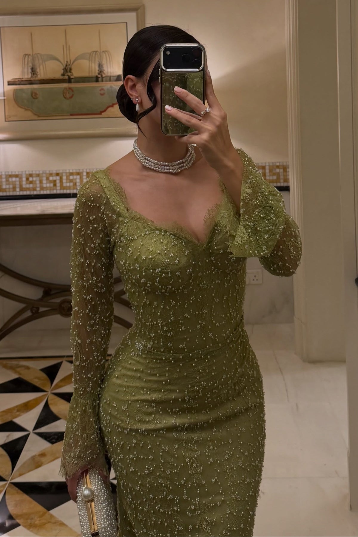 Beaded Long Sleeve Corset Bodice Evening Gown