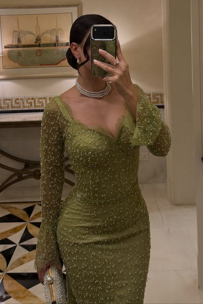 Beaded Long Sleeve Corset Bodice Evening Gown