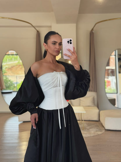Strapless Corset Ball Gown with Puff Sleeve Jacket