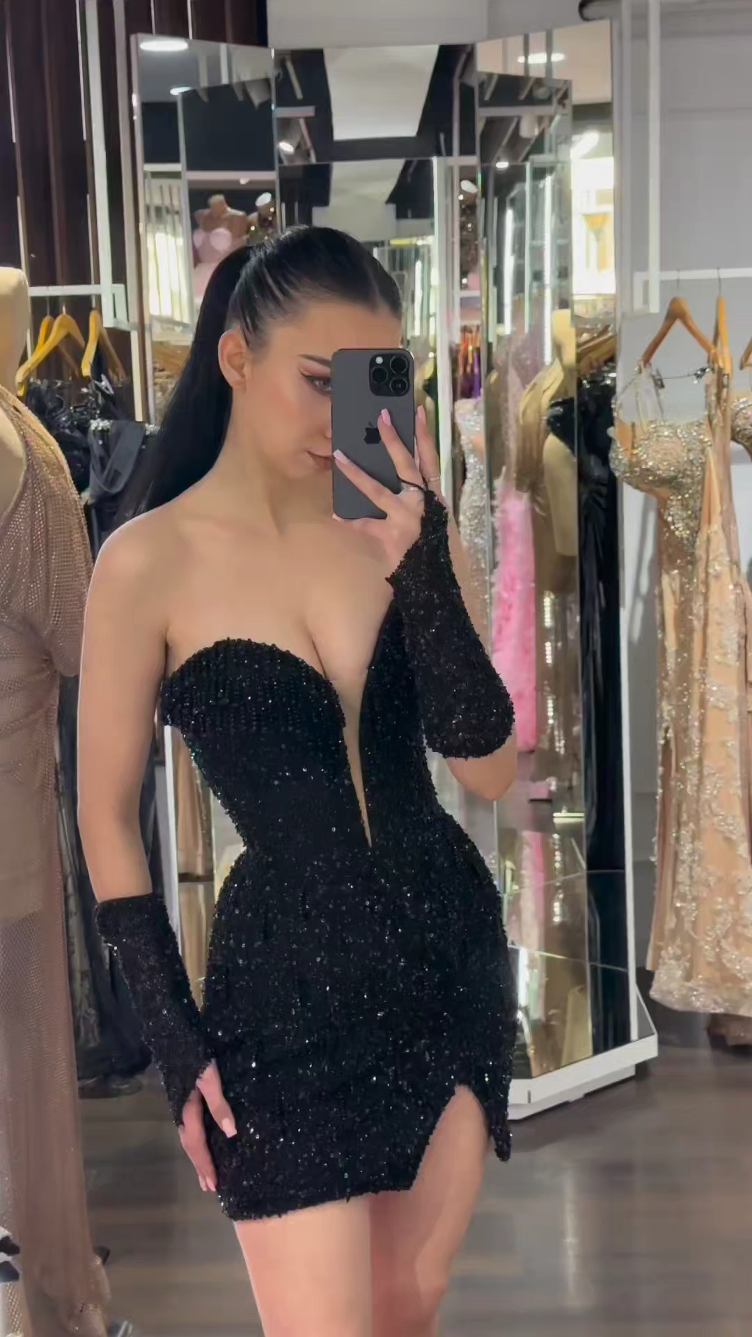 Strapless Plunging Sweetheart Sequin Mini Dress