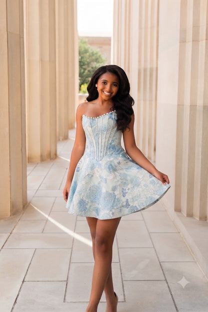Strapless Pearl-Trimmed Jacquard A-Line Mini Dress