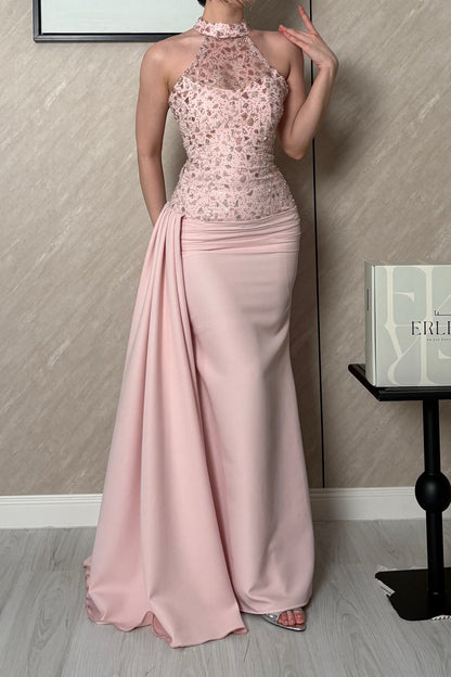 Beaded High Neck Evening Gown with Side Drape