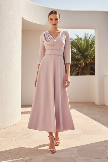 Cowl Neck A-Line Tea-Length Dress with 3/4 Sleeves