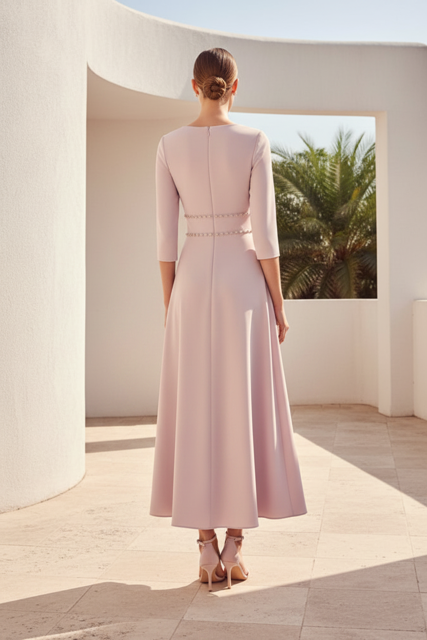 Cowl Neck A-Line Tea-Length Dress with 3/4 Sleeves