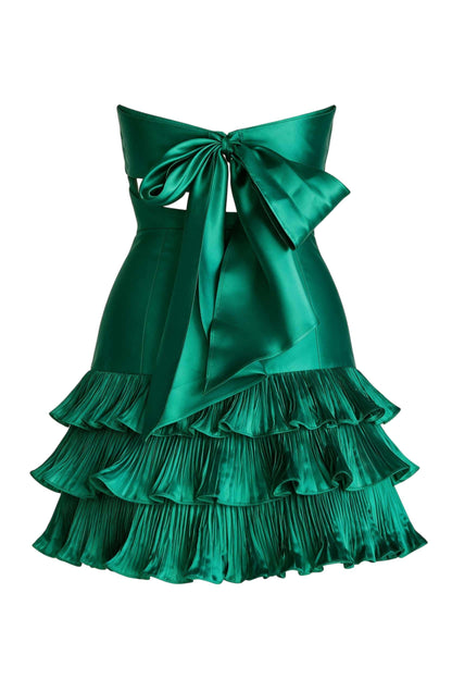 Strapless Tiered Pleated Mini Dress with Back Bow
