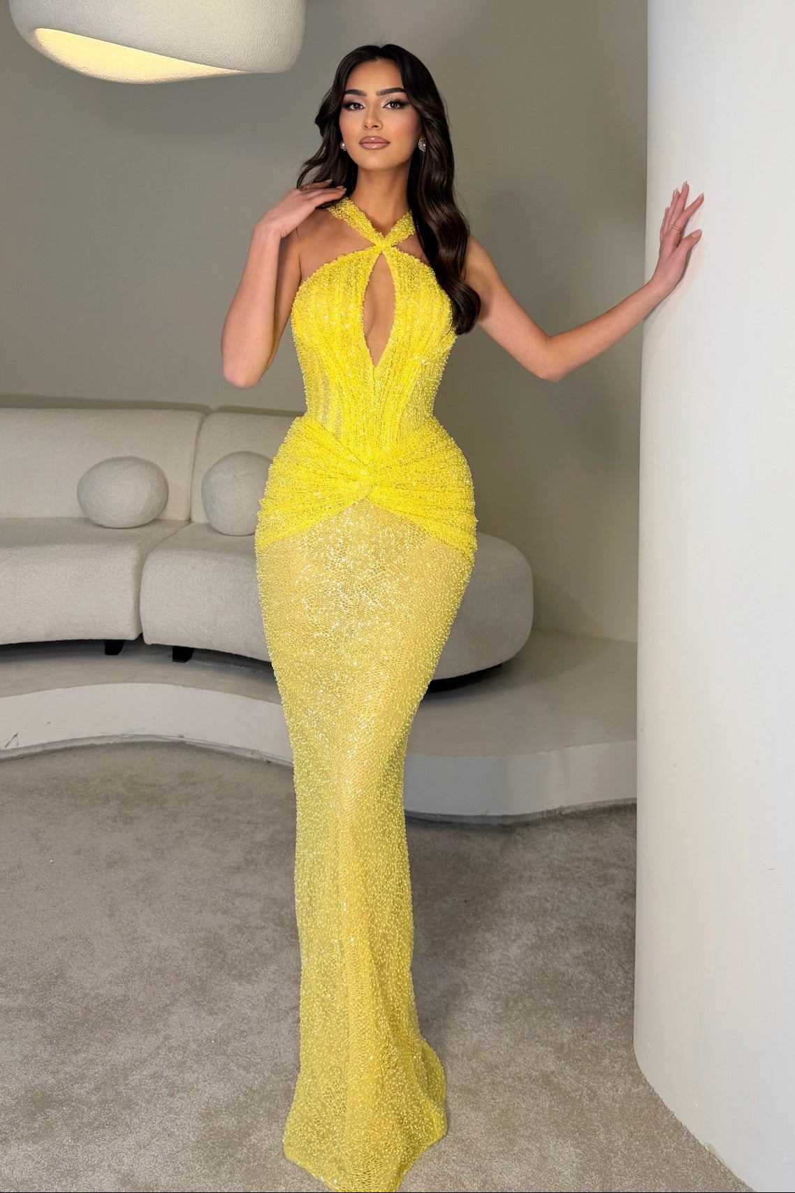 Beaded Halter Keyhole Gown with Ruched Waist