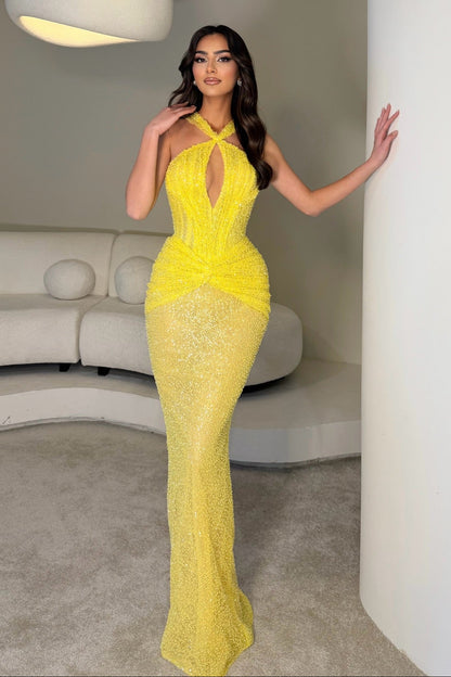 Beaded Halter Keyhole Gown with Ruched Waist