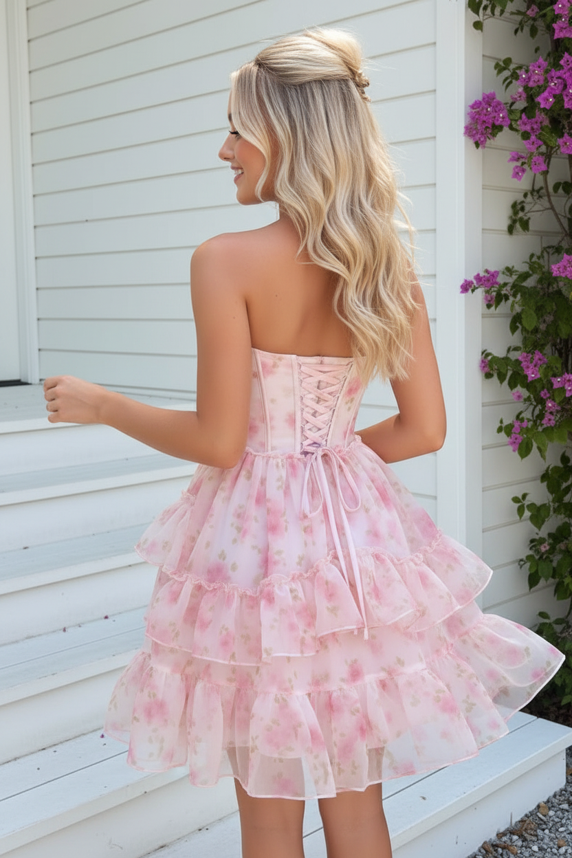 Strapless Floral Corset Mini Dress with Ruffles