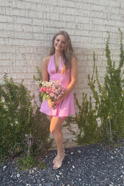 Satin Halter Deep V-Neck A-Line Mini Dress