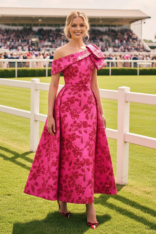 Off Shoulder Floral Jacquard Midi Dress with Bow
