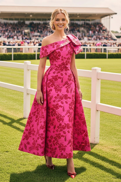 Off Shoulder Floral Jacquard Midi Dress with Bow