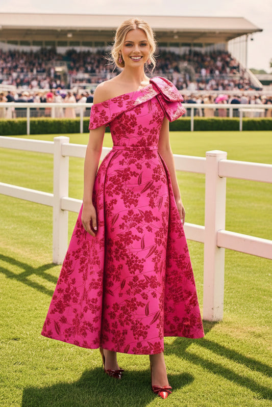 Off Shoulder Floral Jacquard Midi Dress with Bow