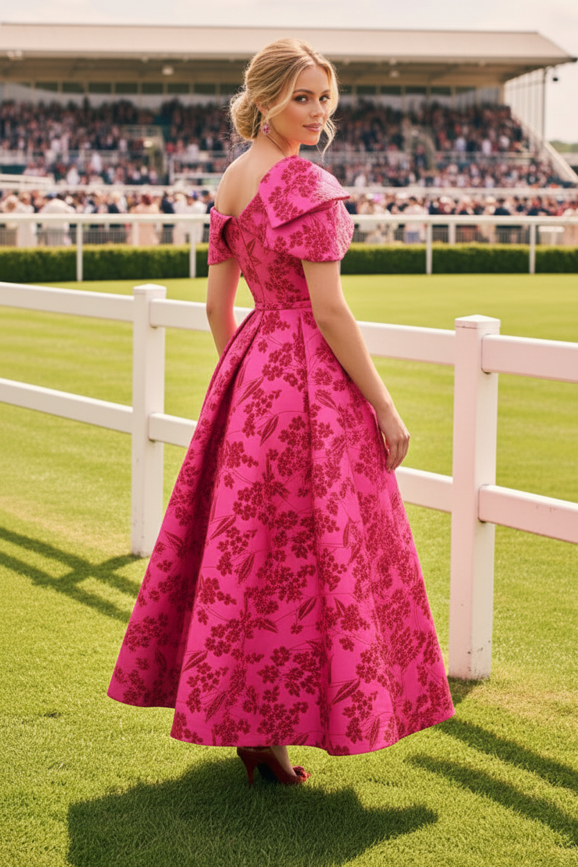 Off Shoulder Floral Jacquard Midi Dress with Bow