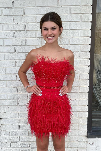 Strapless Feather and Beaded Bodycon Mini Dress