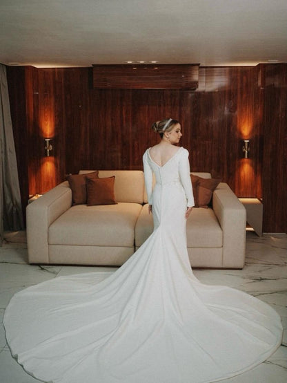 Long Sleeve Crepe Mermaid Wedding Dress with Train