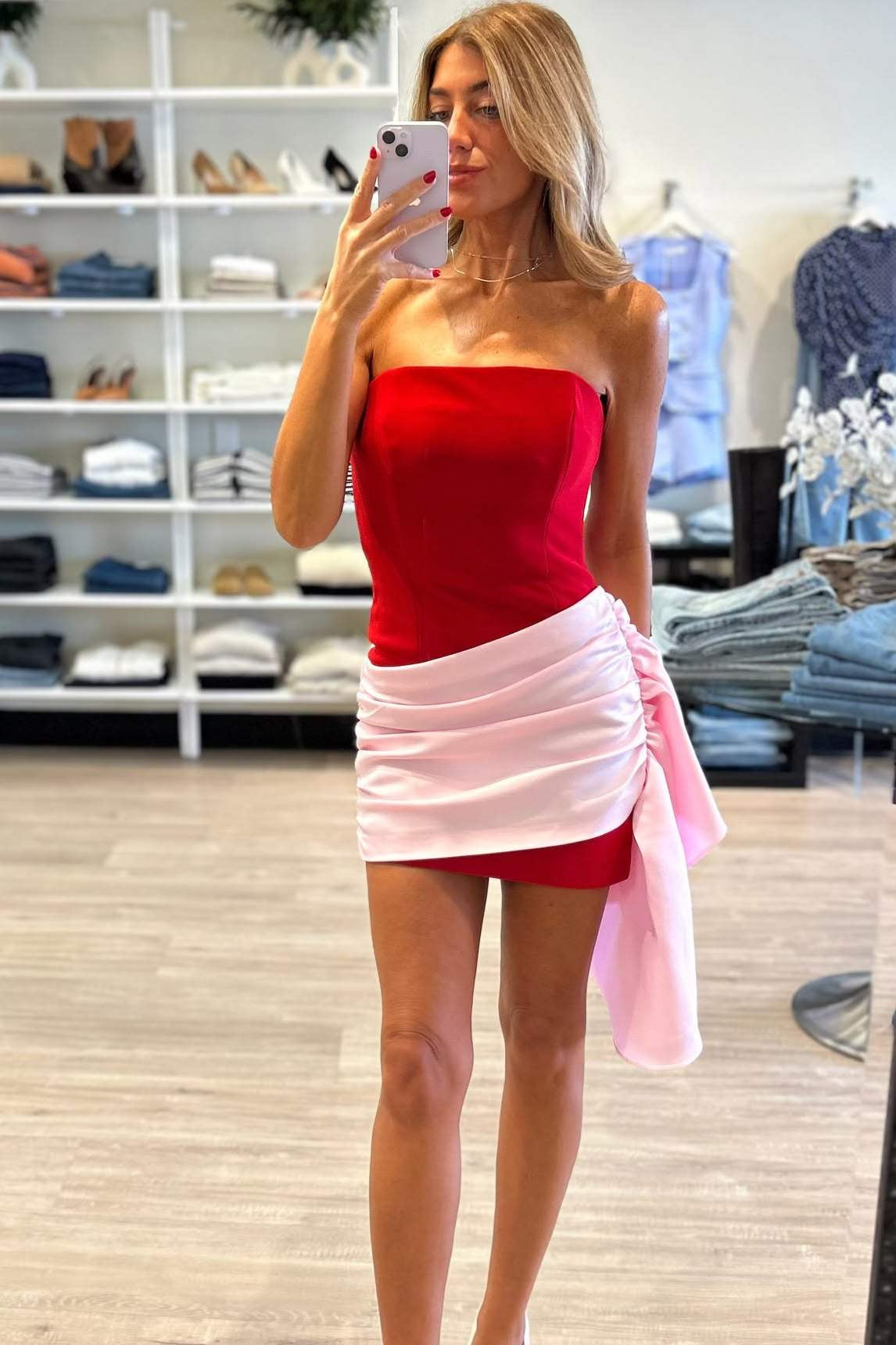 Strapless Ruched Satin Sash Mini Dress