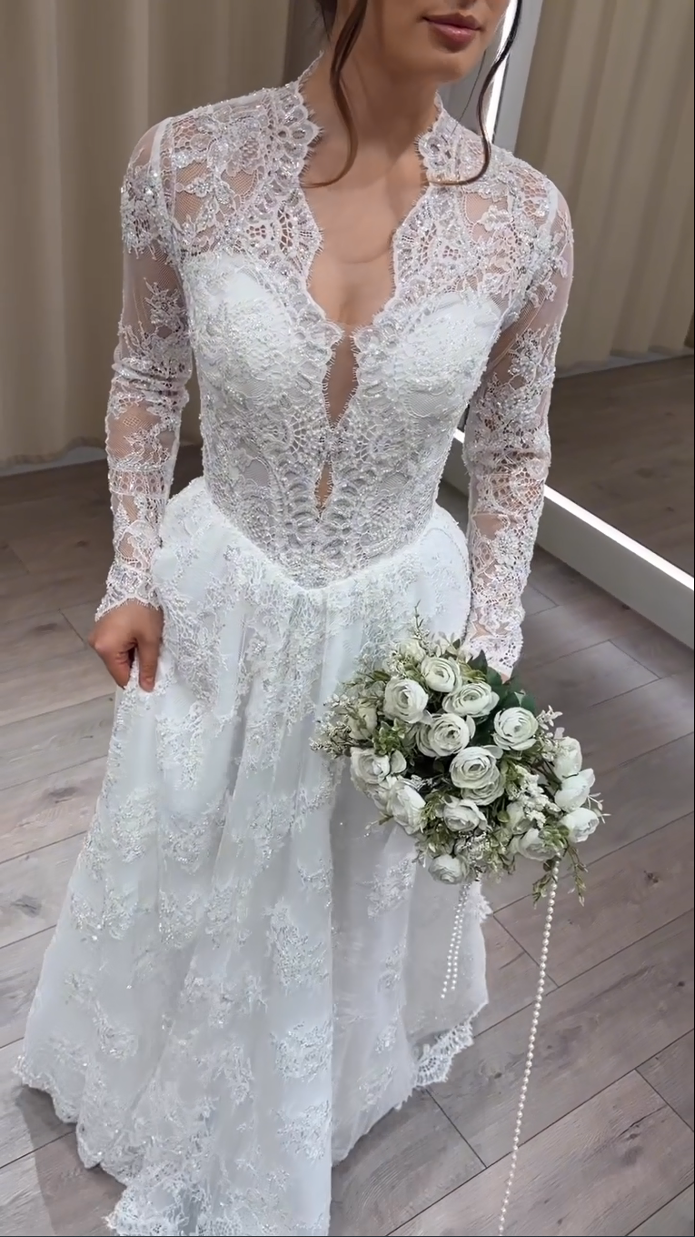 Lace High-Neck Wedding Dress with Long Sleeves