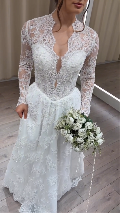 Lace High-Neck Wedding Dress with Long Sleeves