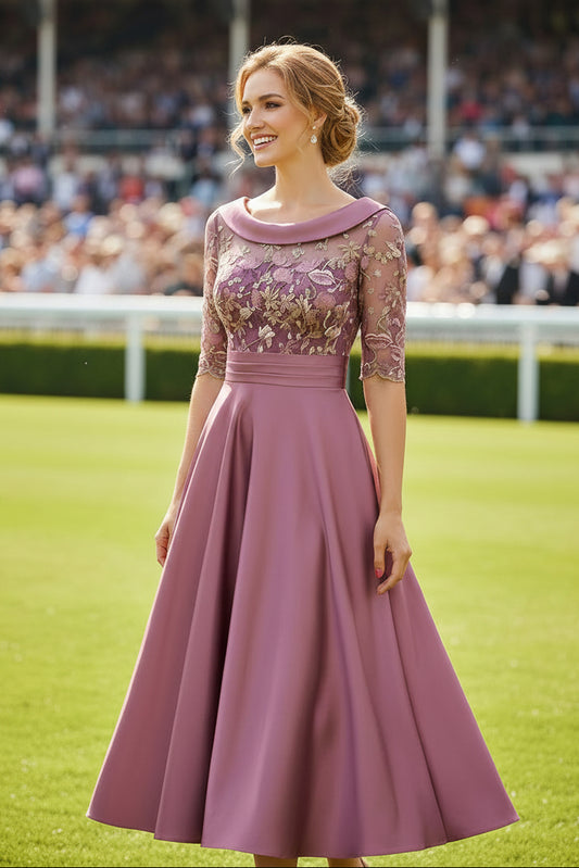Floral Embroidered Illusion Bodice Tea-Length Dress