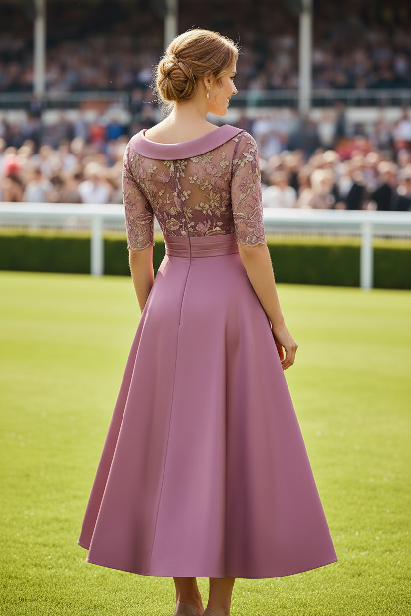 Floral Embroidered Illusion Bodice Tea-Length Dress
