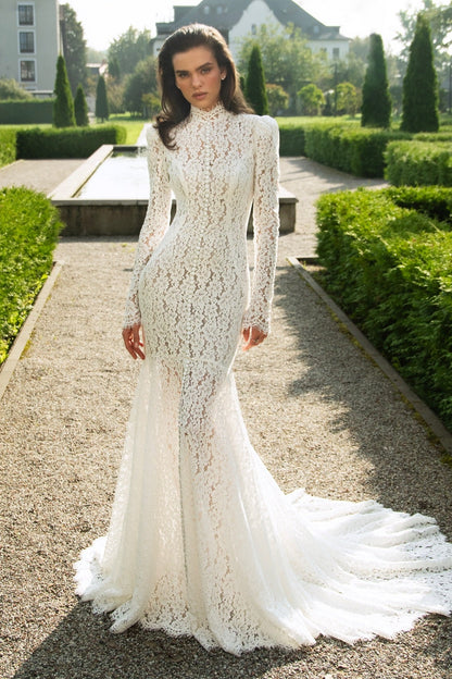 High Neck Lace Open Back Mermaid Wedding Dress