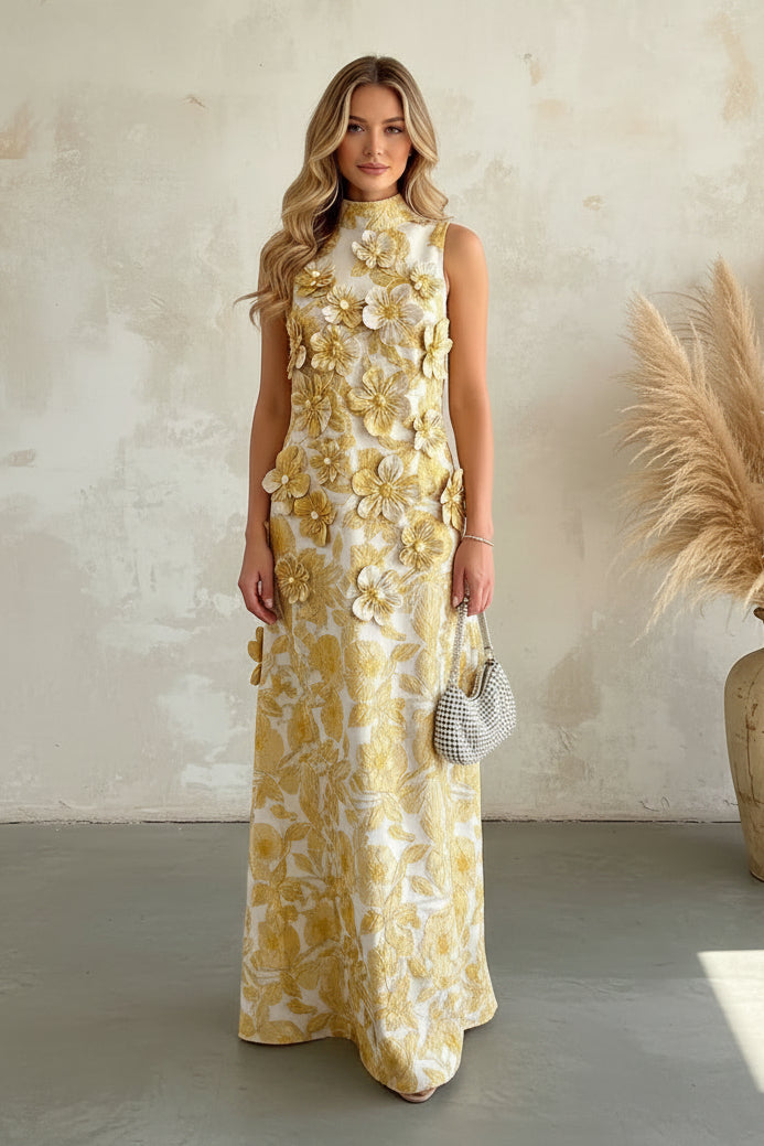 High Neck Jacquard Maxi Dress with 3D Flowers