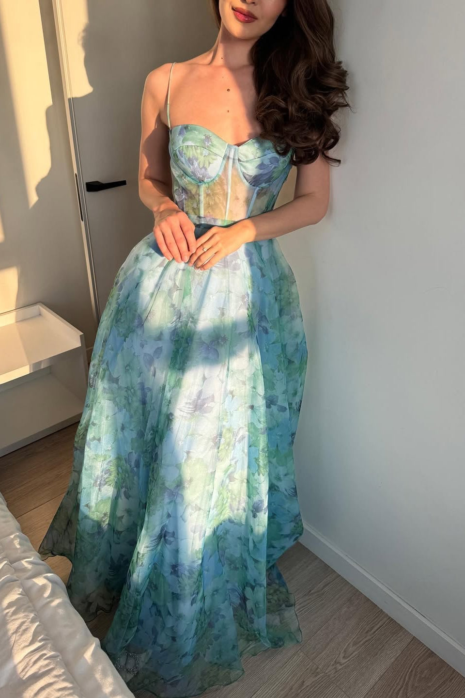 Floral Print Corset Evening Gown