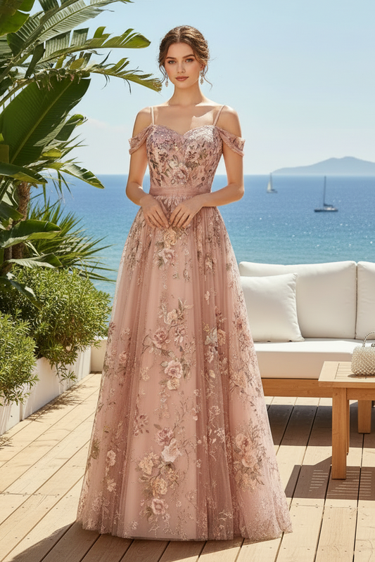 Off Shoulder Floral A-Line Evening Gown