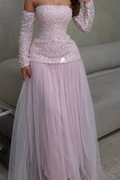 Sequin Lace-Up Corset Tulle Maxi Dress